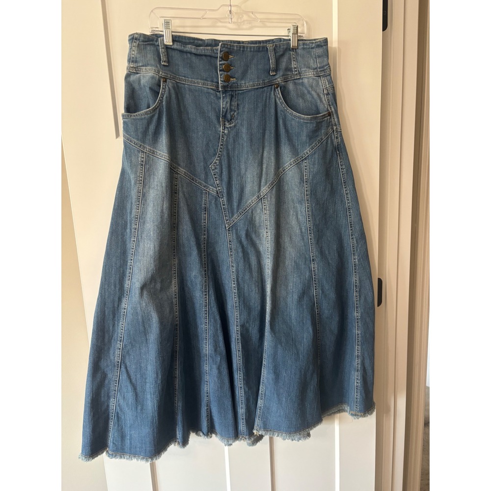 Style J Womens Denim Maxi Skirt Blue Stretch Paneled Raw Hem Size 14 XL1